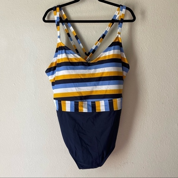 Kona Sol Blue Striped Strappy One Piece Swimsuit - Picture 2 of 5